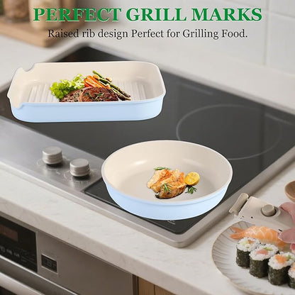 12 PCS Kitchen Cookware Sets with Detachable Handle,Pots and Pans Sets Non Stick, Induction Pan Set for RV Cookware,Oven Safe, PFOA Free（Blue)