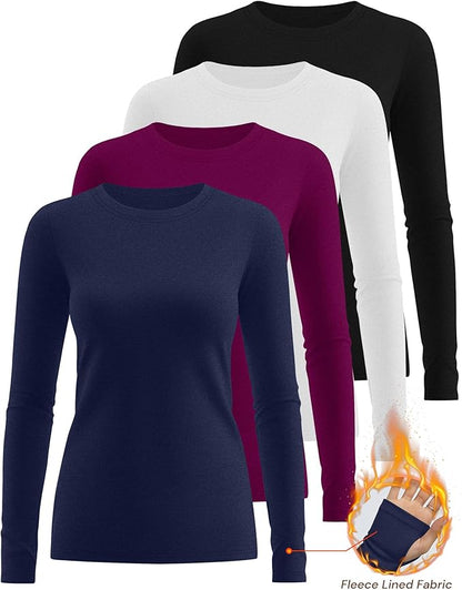 Neer 4 Pack Women's Fleece Thermal Long Sleeve Shirts, Thumb Holes Crew Neck Slim Fit Tops Warm Workout Basic Undershirt