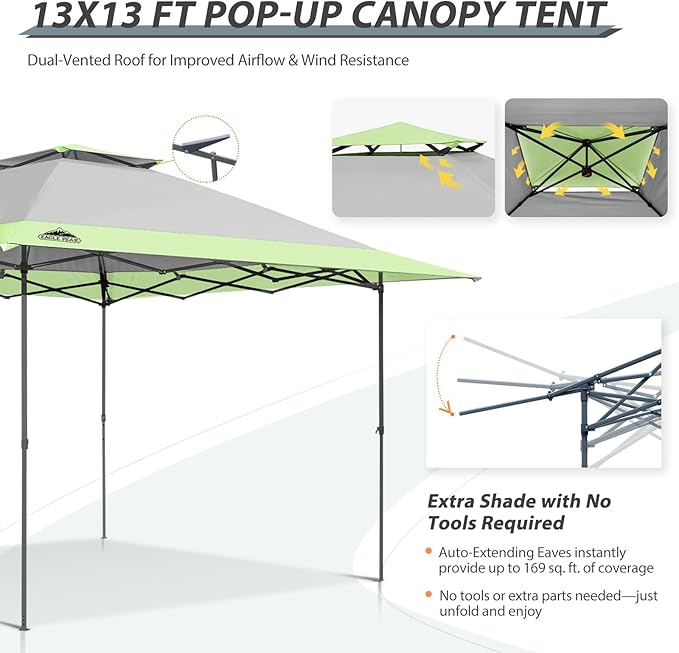 EAGLE PEAK 13x13 Straight Leg Pop Up Canopy Tent Instant Outdoor Canopy Easy Single Person Set up Folding Shelter w/Auto Extending Eaves 169 Square Feet of Shade (Gray)