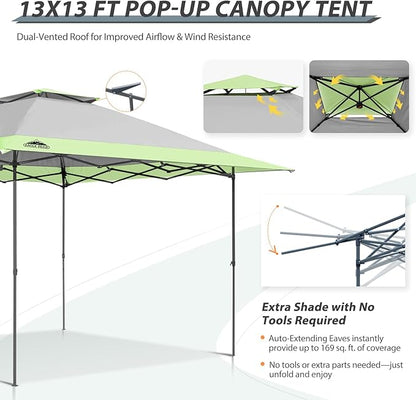 EAGLE PEAK 13x13 Straight Leg Pop Up Canopy Tent Instant Outdoor Canopy Easy Single Person Set up Folding Shelter w/Auto Extending Eaves 169 Square Feet of Shade (Gray)