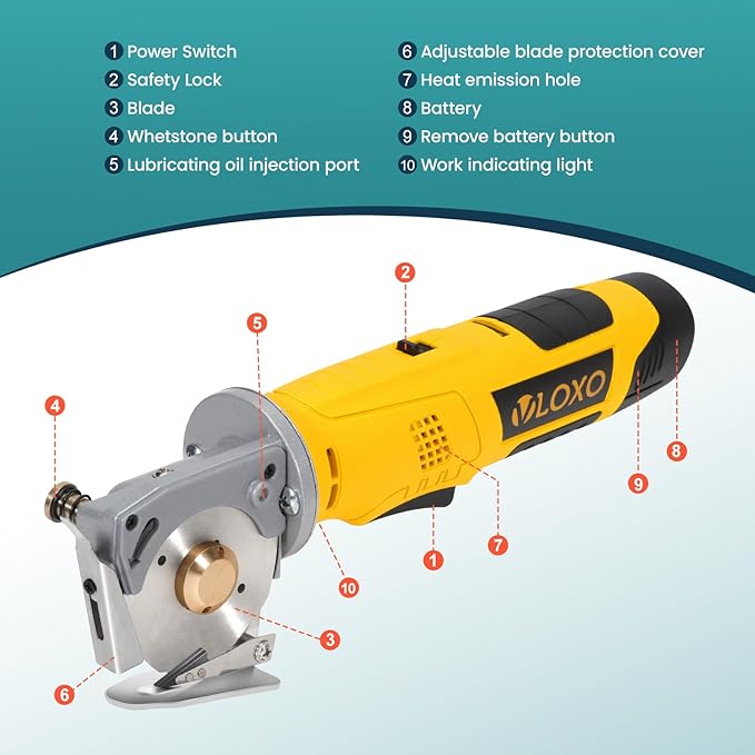 VLOXO Electric Rotary Fabric Cutter Cordless Electric Scissors, Multi-layer Fabric Cutter with Safety Lock and Replacement Blade Power Rotary Scissors for Cutting Leather, Carpet, Thick Fabric