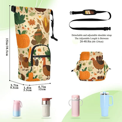 Beige Thanksgiving Turkeys Pumpkins Corn Leaves Water Bottle Holder with Strap Insulated Water Bottle Carrier Crossbody Bags Pouch with Phone Pocket for Travel Gym Hiking Walking Running