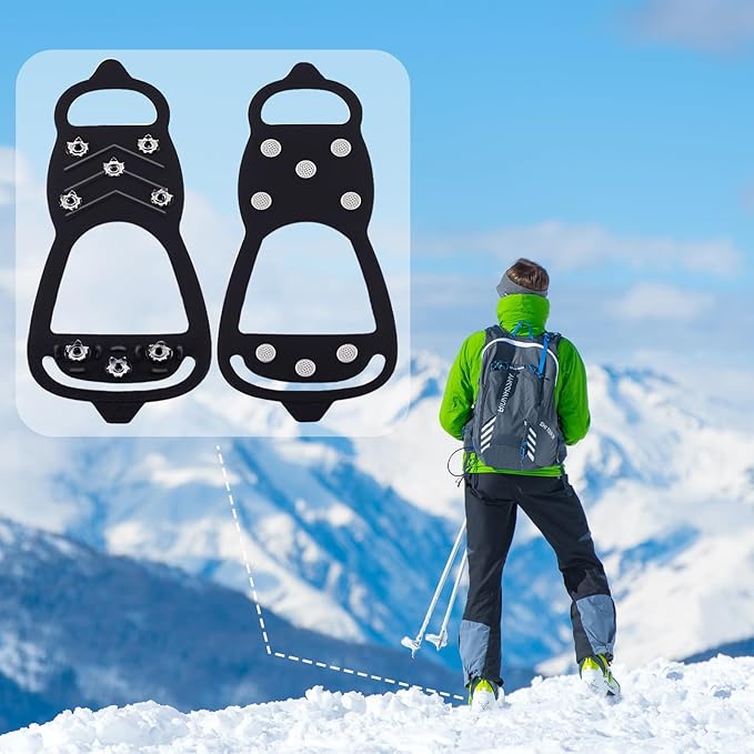 2 Pairs Ice Cleats for Shoes and Boots, Universal Non Slip Hiking Spikes, Micro Shoe Spikes for Snow and Ice, Durable Snow Crampons for Winter Hiking Climbing Ice Fishing, 8 Steel Studs Gripper Spike