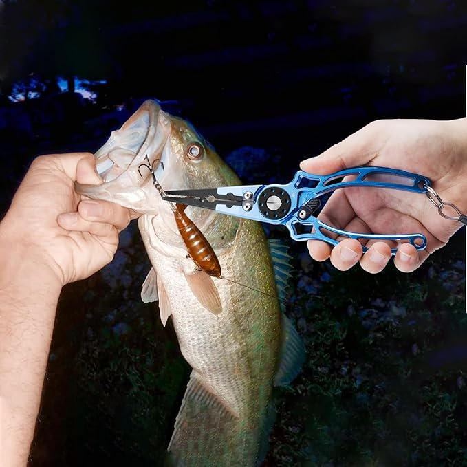 FLISSA 8 Inch Fishing Pliers, Safety Lock Design Fish Pliers Saltwater, Corrosion Resistant Aluminum hook remover with Braid Cutters, Sheath and Lanyard, Fishing Tool Gifts for Men