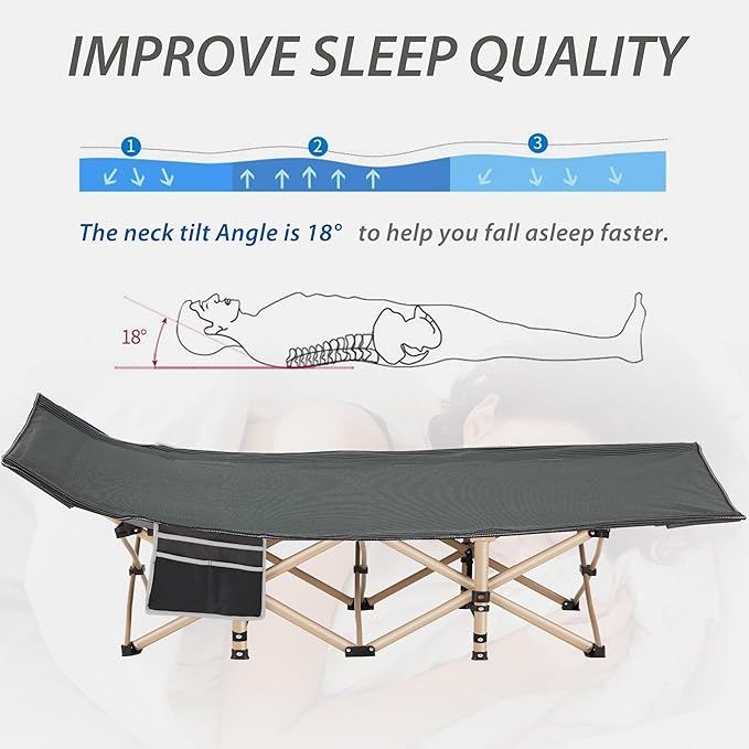 Folding Camping Cot for Sleeping, Portable Cots for Adults, Heavy Duty Cot Bed 550LBS(Max Load), Extra Wider Cots with Large Pocket for Outdoor, Office, Beach