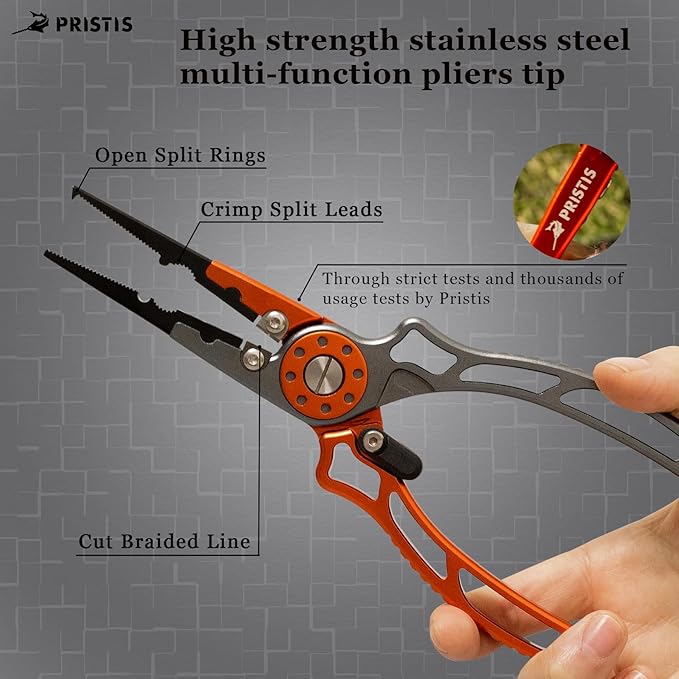 Pristis UTA II Fishing Pliers, Multi-Function Split Ring Plier Gear, Saltwater Resistant Teflon Coated Locking Hook Remover Cutter, Stainless Steel Top & Aluminum Body Tool Kit Tackle Set for Bass