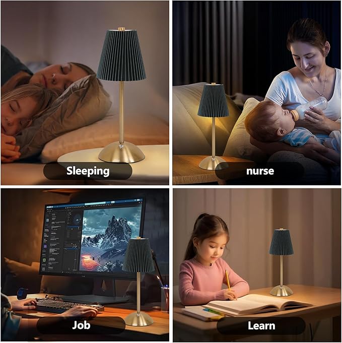 Cordless LED Table Lamp with Dimmer, Built-in Rechargeable Battery, 3-Level Brightness, Patio Table Lamp, Bedside Night Lamp, Ambient Light for Restaurant, Antique Brass (Black)