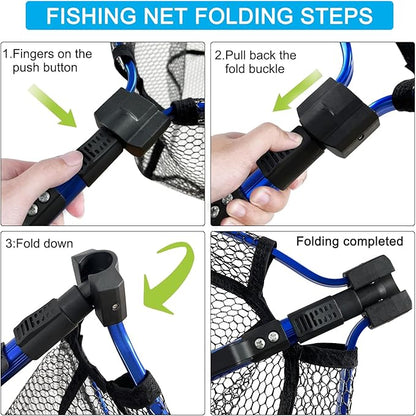 LBW Collapsible Fishing Net with Handle, Folding Kayak Net for Freshwater or Saltwater, Trout Catfish Bass Compact Rubber Landing Net