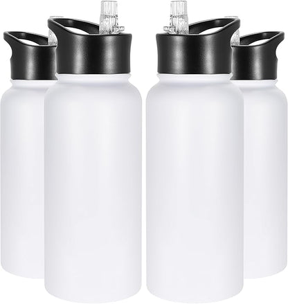VEGOND 32 oz Insulated Water Bottle Bulk Stainless Steel Metal Water Bottles with Leak Proof Straw Lid & Spout Lid, Wide Mouth Double Walled Vacuum Travel Sports Bottle, 4 Pack
