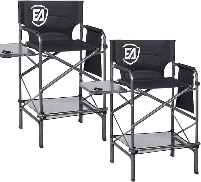 EVER ADVANCED 2 Piece 30.7" Seat Height Directors Chairs for Makeup Artist with Side Table Easy Get in Out for Elderly Tall Camping Chair Supports 350lbs Black