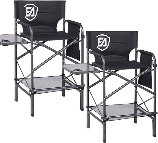 EVER ADVANCED 2 Piece 30.7" Seat Height Directors Chairs for Makeup Artist with Side Table Easy Get in Out for Elderly Tall Camping Chair Supports 350lbs Black