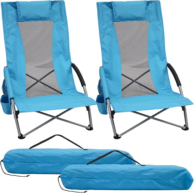 PLKO High Back Beach Chair,Protable Reclining Beach Chair,Beach Chairs for Adults 2pack with Carry Bag,Cup Holder and Padded Armrest for Beach, Travel, Picnic, Festival(Blue)