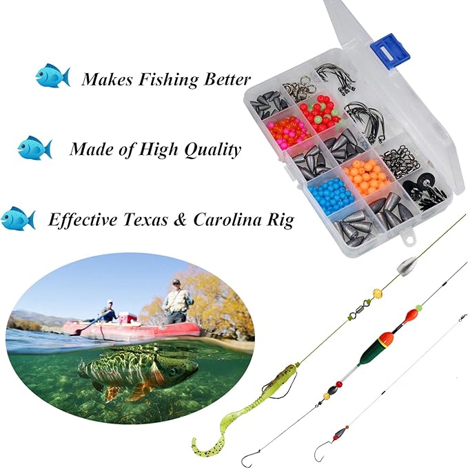 THKFISH Texas and Carolina Fishing Rig Bass Fishing Bullet-Weights for Fishing Sinkers Hooks Rolling Barrel Fishing Swivels Beads Rings Fishing Tackle Kit 35pcs/339pcs/389pcs
