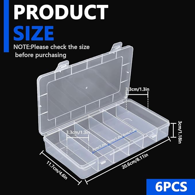 6 Pack 6 Grids Tackle Box Organizer, Clear Plastic Fishing Tackle Tray Box Board Game Storage Container Case for Crafts Beads Earrings Screws Nail Bobby Pins