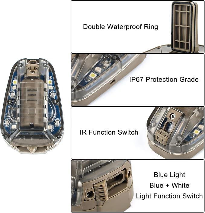 Tactical Helmet Light, 4 Modes with IR + Blue + White LED, Survival Signal Identification Lamp for Outdoor Sports