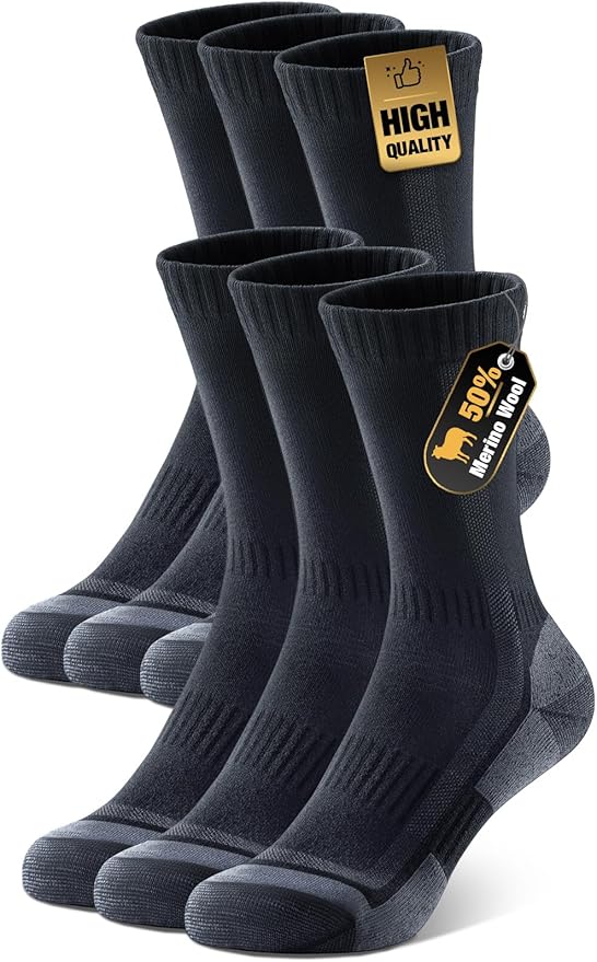 PULIOU Merino Wool Hiking Socks for Men & Women, 3 Pairs Cushioned Moisture Wicking Crew Boot Socks for Work & Outdoors