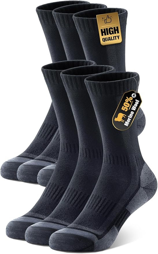 PULIOU Merino Wool Hiking Socks for Men & Women, 3 Pairs Cushioned Moisture Wicking Crew Boot Socks for Work & Outdoors