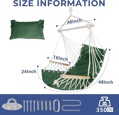 Hammock Chair Hanging Swing with Wooden Armrests;Steel Spreader Bar,Pillows,Hardware kit Included;Cotton Woven ;Up to 350 Lbs,for Indoor Outdoor Green