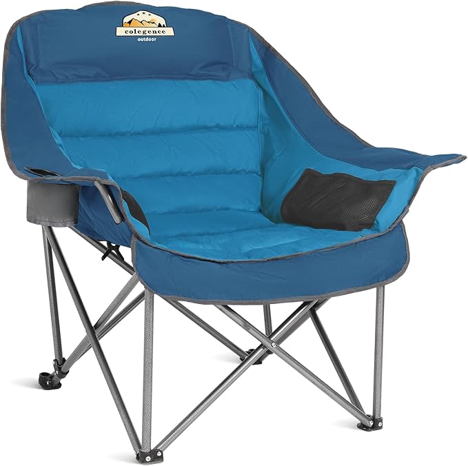 Oversized XL Padded Camping Chair Wide Heavy Duty Lawn Chairs Support 450 LBS Portable Folding Gaint Plus Camp Chair with Side Pocket Cup Holder for Outdoor Outside Sports Baseball-Blue