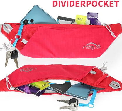 INOXTO Slim Running Belt Fanny Pack for Women and Men Sports Waist Bag Pack with 300ml Water Bottle for Running Walking Cycling Hiking Reflective Running Pouch Belt for All Phones (Red)