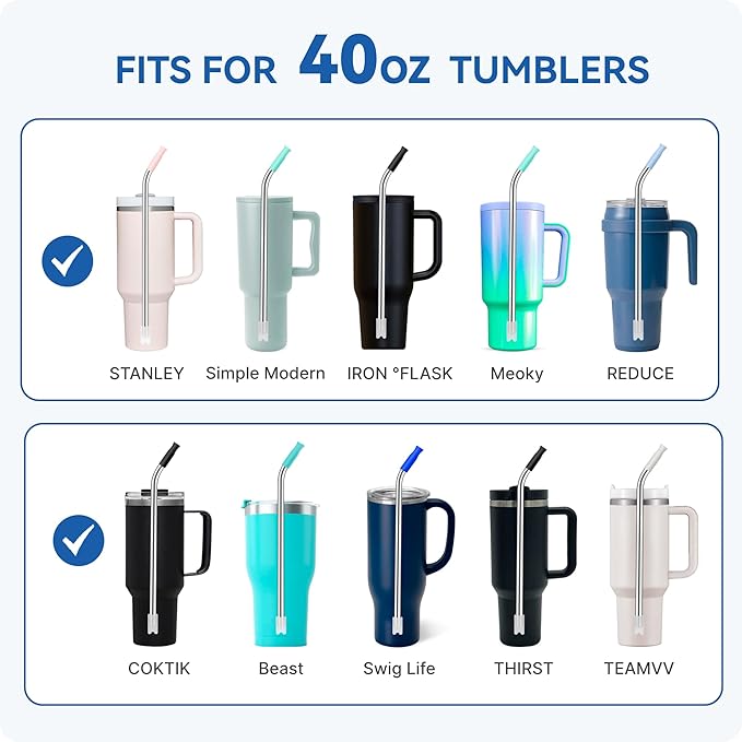 Reusable Stainless Steel Straws with Silicone Tip for Stanley 40oz, Metal Drinking Straws for 40oz Tumbler,3 Bent Tubes & 6 Tips& 1 Cleanr Brush (Bright Lime)