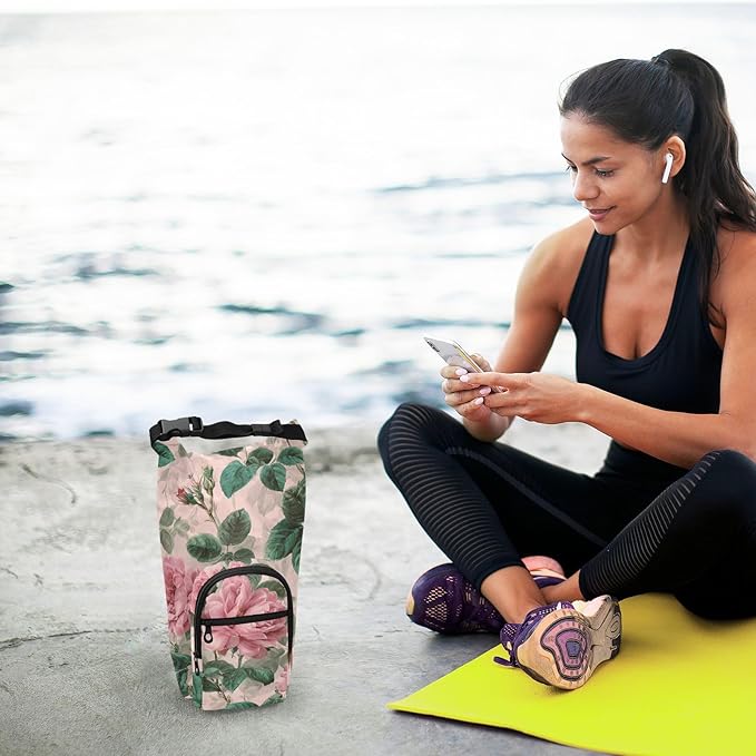 Pink Vintage Roses with Leaves Water Bottle Holder with Strap Insulated Water Bottle Carrier Crossbody Bags Pouch with Phone Pocket for Travel Gym Hiking Walking Running