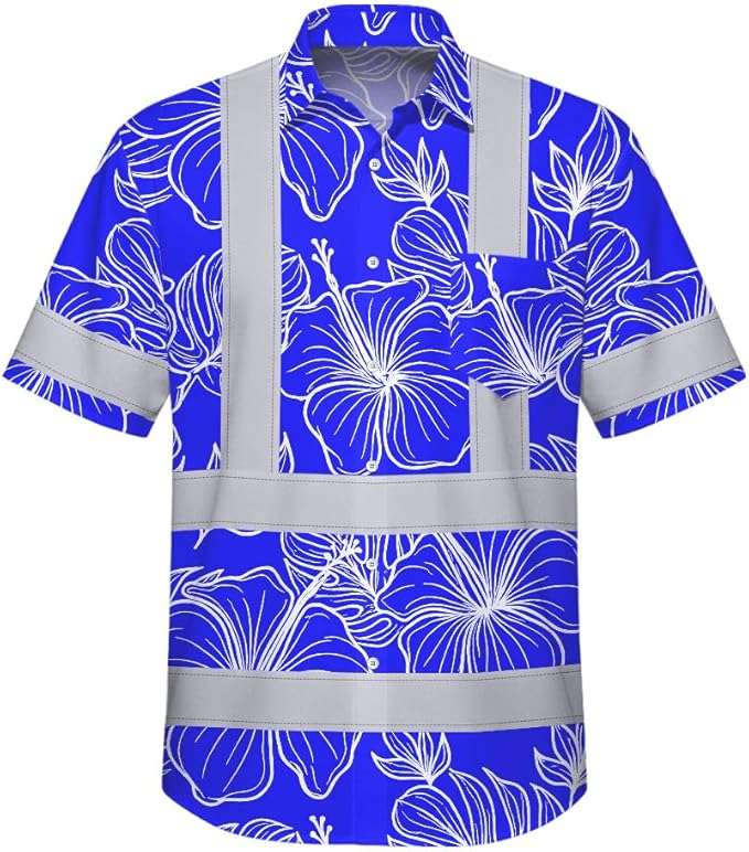 High Visibility Hawaiian Shirt for Men Tropical Shirts Custom Name Floral Outfit Reflective Safety Workwear
