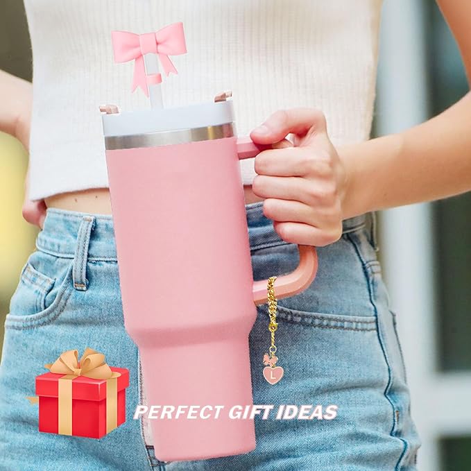 Pink Bow for Stanley Straw Topper- 3pcs Cute Cup Bow Straw Cover Silicone Cap 10mm with 2pcs Initial Letter Charms Name Id Personalized Accessories 40/30 Oz Tumbler Water Bottle Cups L