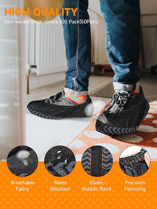 TOOSOFt Black Shoe Covers Disposable Non Slip 100 Pack (50 Pairs): Extra Large Non-Woven Fabric Booties for Shoes Covers for Indoors Reusable,Breathable, Waterproof - Fits Up to Size 14 US Men