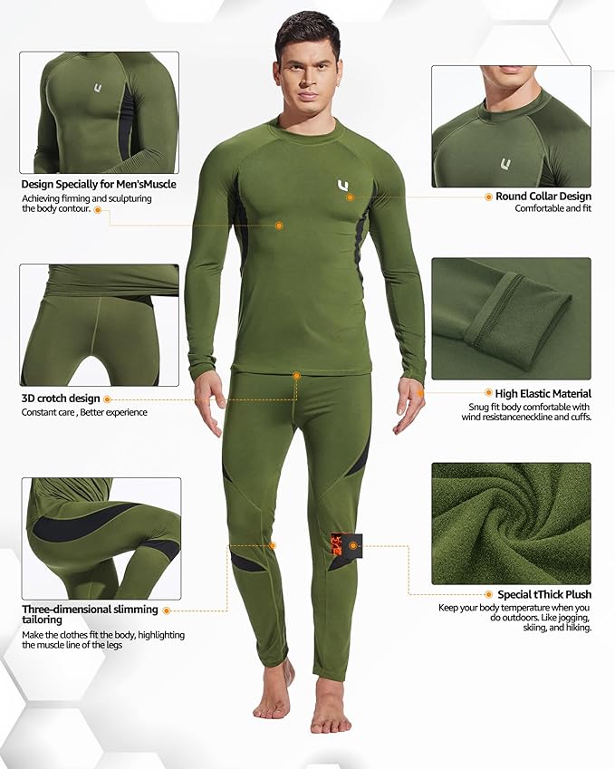 UNIQUEBELLA Men's Thermal Underwear Sets Top & Long Johns Fleece Sweat Quick Drying Thermo Base Layer