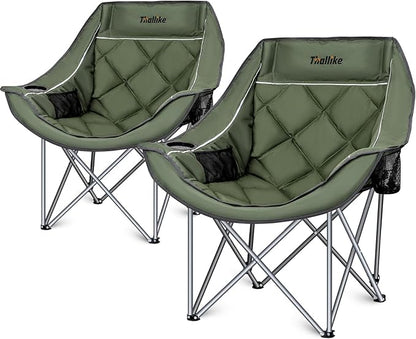 Oversized Camping Chair, Portable Folding Padded Camping Chairs with Cup Holder and Carry Bag, Heavy Duty Outdoor Camping Chairs for Adults, Up to 400Lb, for Fishing Sports (Green-2 Pack)