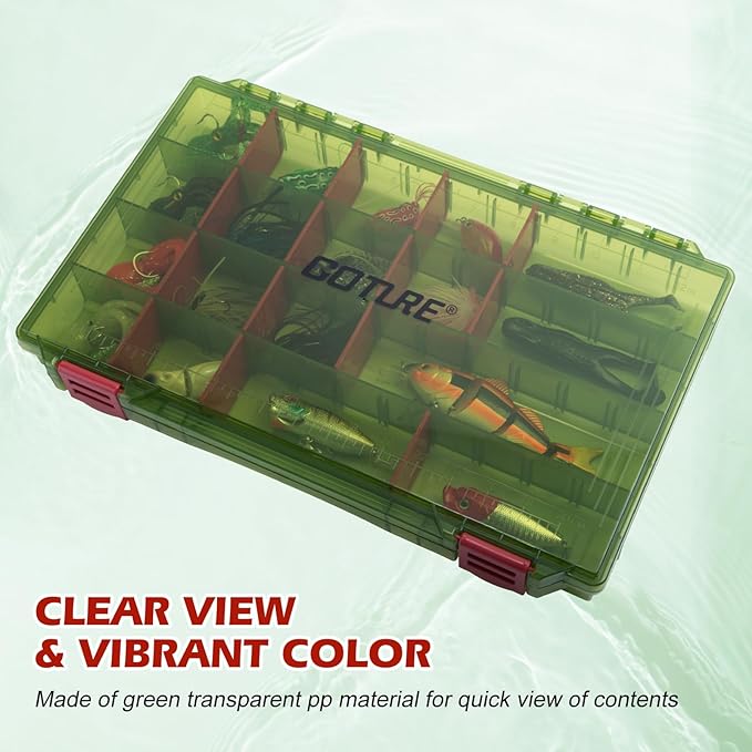Goture Fishing Tackle Box Organizer - Transparent Fishing Organizer Box w/Measurement Ruler, Adjustable Dividers, Dual Latches | 2 Pcs 3700 Tackle Tray| Ergonomic Grip