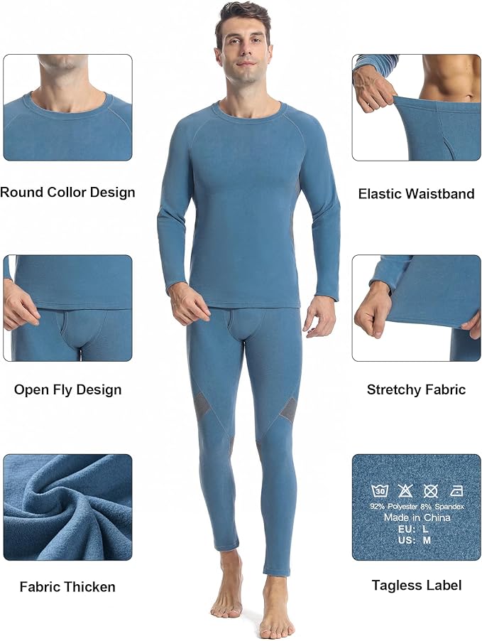 Runhit Mens Thermal Underwear Set：Fleece Lined Long Johns for Men Thermal Shirts and Pants Base Layer Cold Weather Thermals
