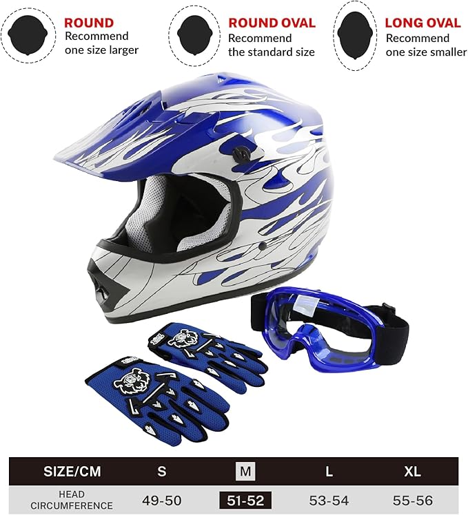 SLMOTO Dot Youth Kids Helmet Motocross Offroad Street Helmet Motorcycle Helmet Dirt Bike Motocross ATV Blue Flame Design Helmet+Goggles+Gloves