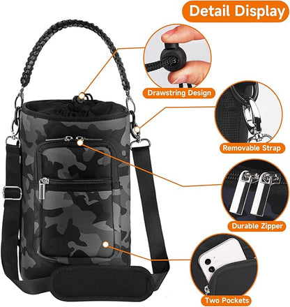 32/40/64/128 oz Neoprene Insulated Water Bottle Carrier Bag, Sling Bag Sleeve Pouch Holder with Strap & Paracord Handle and 2 Pocket for Travelling, Hiking, Camping