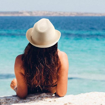 DRESHOW Women Straw Sun Hat Short Brim Panama Travel Fedora Beach Cap Roll up Summer Hat for Women Men UPF 50+