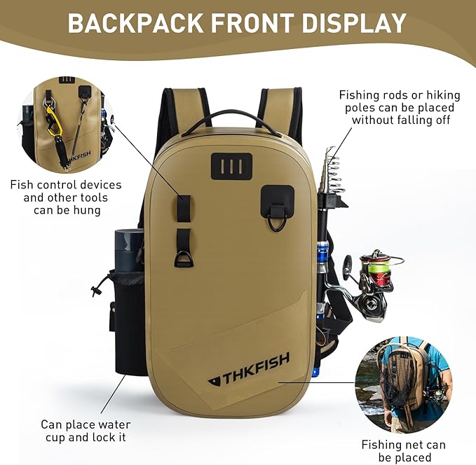 THKFISH IPX8 Waterproof Fishing Backpack with Rod Holder, Lightweight Fishing Sling Bag, Move Freely Fish Gifts for Men