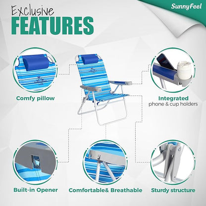 SUNNYFEEL 17" Tall Oversized Beach Chairs 2 Pack for Adults Heavy Duty 500 LBS, 5 Position, Portable High Folding Camping Chair with Cup Holder for Outdoor/Lawn/Trip, Foldable Sand Chairs for Adults