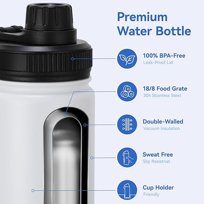 DOMICARE 16 oz Kids Water Bottle for School Stainless Steel Double Wall Vacuum Insulated Water Bottle with Straw lids & Spout Lid, Leakproof BPA Free (White,4)