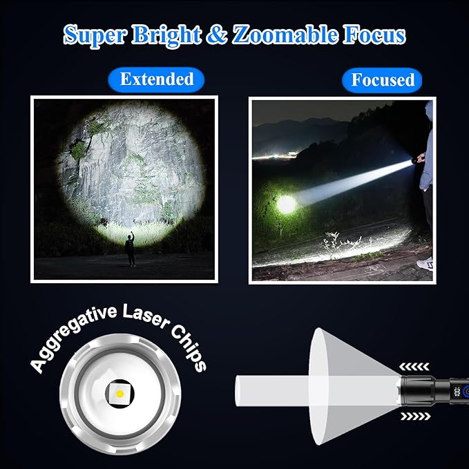 Magnetic Flashlights High Lumens Rechargeable 2 Packs, 990,000L High Lumens Super Bright LED Tactical Handheld Flash Light with 5 Modes, USB C, Zoomable Beam, Digital Power Display, IP76 Waterproof