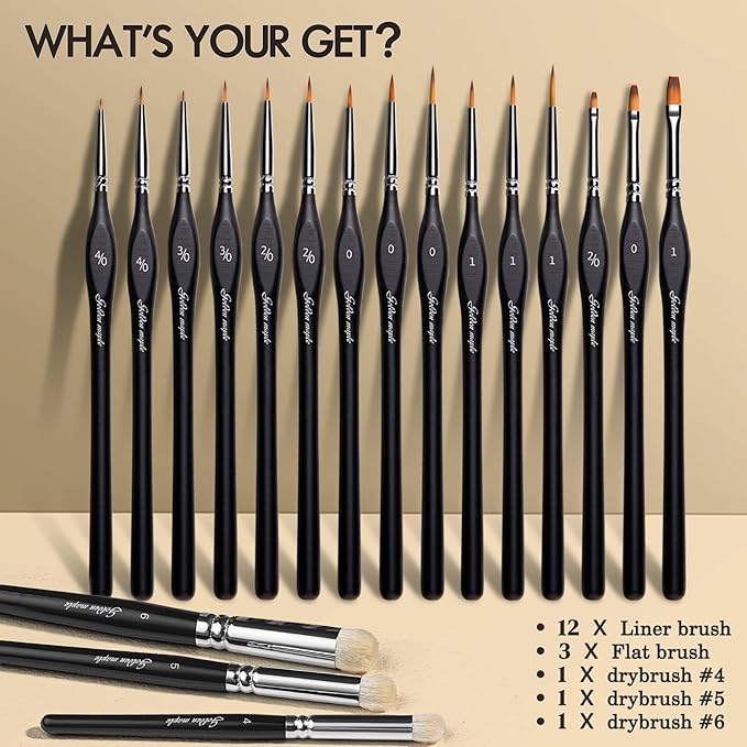 Golden Maple Dry Brush Miniature Painting, 18PC Miniature Paint Brushes Model Brushes Micro Detail Paint Brush Set, Fine Detailing for Acrylics, Watercolors, Models, Figurine