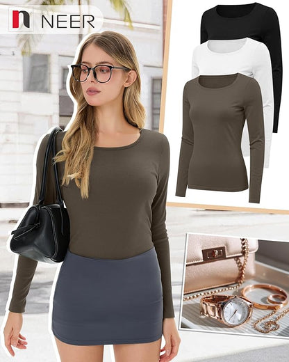 Neer 3 Pack Women's Thermal Shirts Long Sleeve Crew Neck Fleece Lined Undershirts Slim Fit Basic Tops Winter Base Layer
