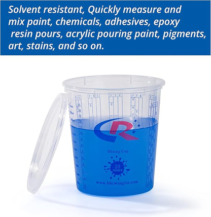 Paint Mixing Cup 20 Ounce, Accurate Measurements in Ratios and OZ. and ML, 100PCS Plastic Graduated Measuring Cups with 12PCS Lids for Paint, Resin, Epoxy, Acrylic, Pigments, Art