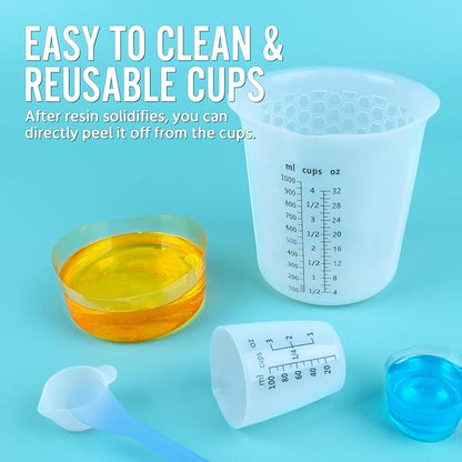 Silicone Resin Mixing 1L Measuring Cup Set for Resin Supplies, Easy-to-Read Marks, 1000ml/32oz Large Cup, 500&250&100ml Thickened Reusable Silicone Cups for Epoxy Mixing, Jewelry Making