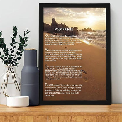 Footprints in the Sand Religious Canvas Wall Art Posters, Inspirational Beach Sunset Poem Print Poster (Black Framed 24x36inch, Footprints(2))