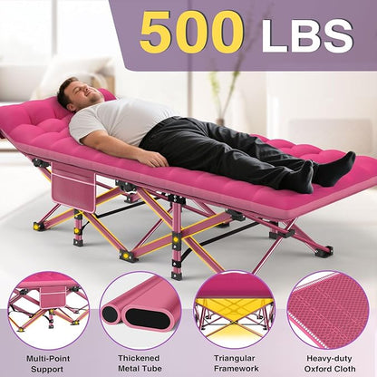 ZENPETIO Camping Cot for Adults - Heavy-Duty Cot Bed with Mattress, Portable Sleeping Cots for Outdoor Indoor, 1200D Oxford Folding Cots for Home Travel, Max Load 500LBS, Fits People up to 6'3", Pink