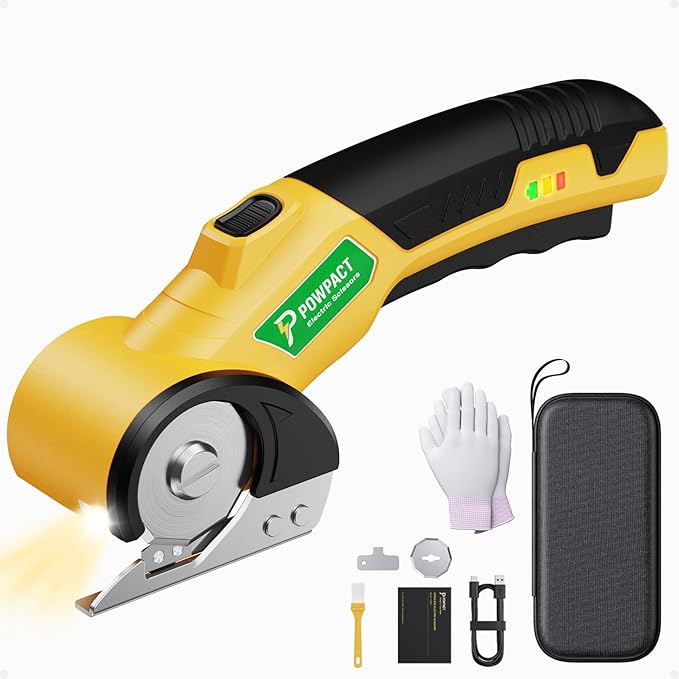 Powpact® High Speed Cardboard Cutter, Cordless Electric Scissors for Cardboard Fabric Carpet, Automatic Electric Box Cutter with Safety Lock - Rechargeable Battery, Heavy Duty Power, Rotary Cutting