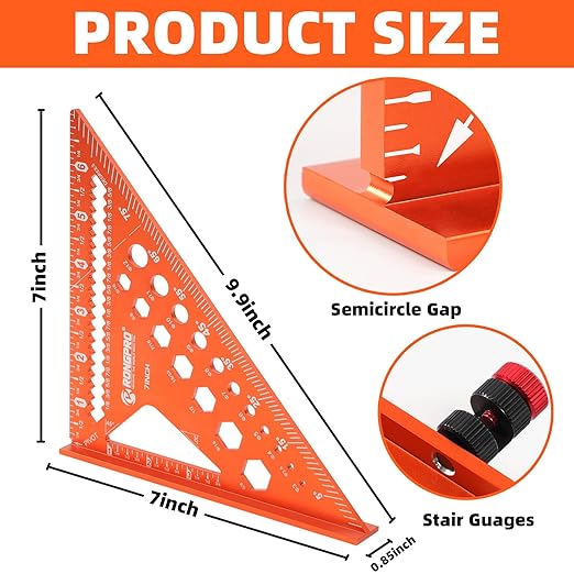 2pcs Rafter Square, 12-inch & 7-inch Carpenter Sqaure Set with Woodworking Pencil, Carpenter Measuring Layout Tool, Aluminum Alloy Triangle Ruler for Woodworking- Imperial