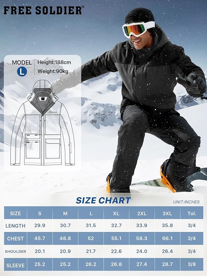 FREE SOLDIER Men's Waterproof Ski Jacket Fleece Lined Warm Winter Snow Coat with Hood Fully Taped Seams