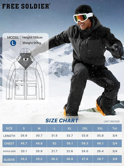 FREE SOLDIER Men's Waterproof Ski Jacket Fleece Lined Warm Winter Snow Coat with Hood Fully Taped Seams